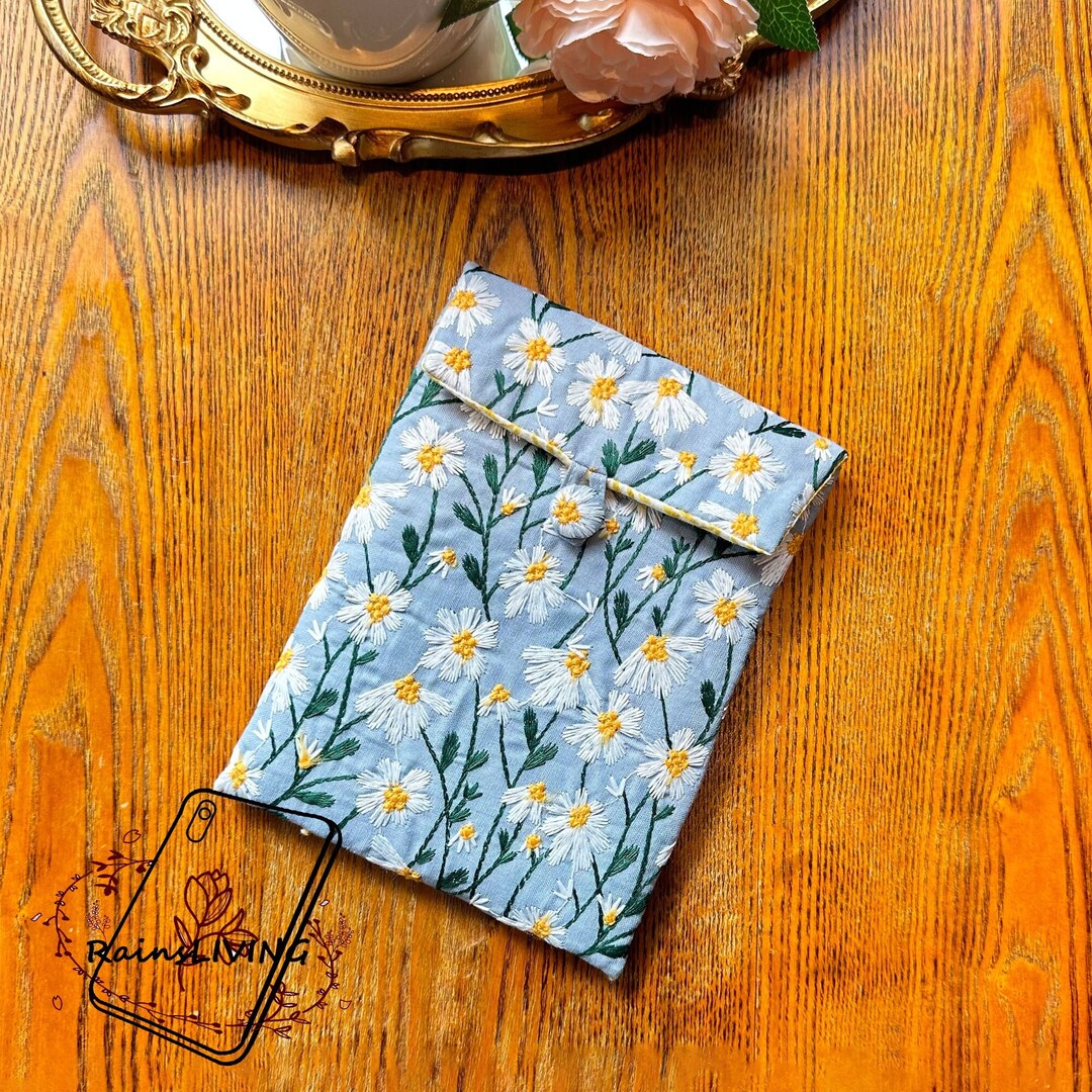 White Daisy Embroidered Flower Blue Fabric Kindle Sleeve for Kindle ...