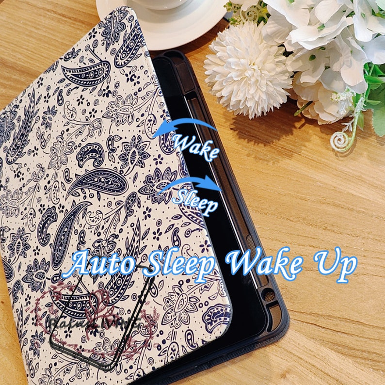 New ethnic blue and white porcelain style fabric iPad case built-in pencil holder,magnetic wake up,air 5 iPad 10.2 iPad pro 2022 iPad 10 image 2