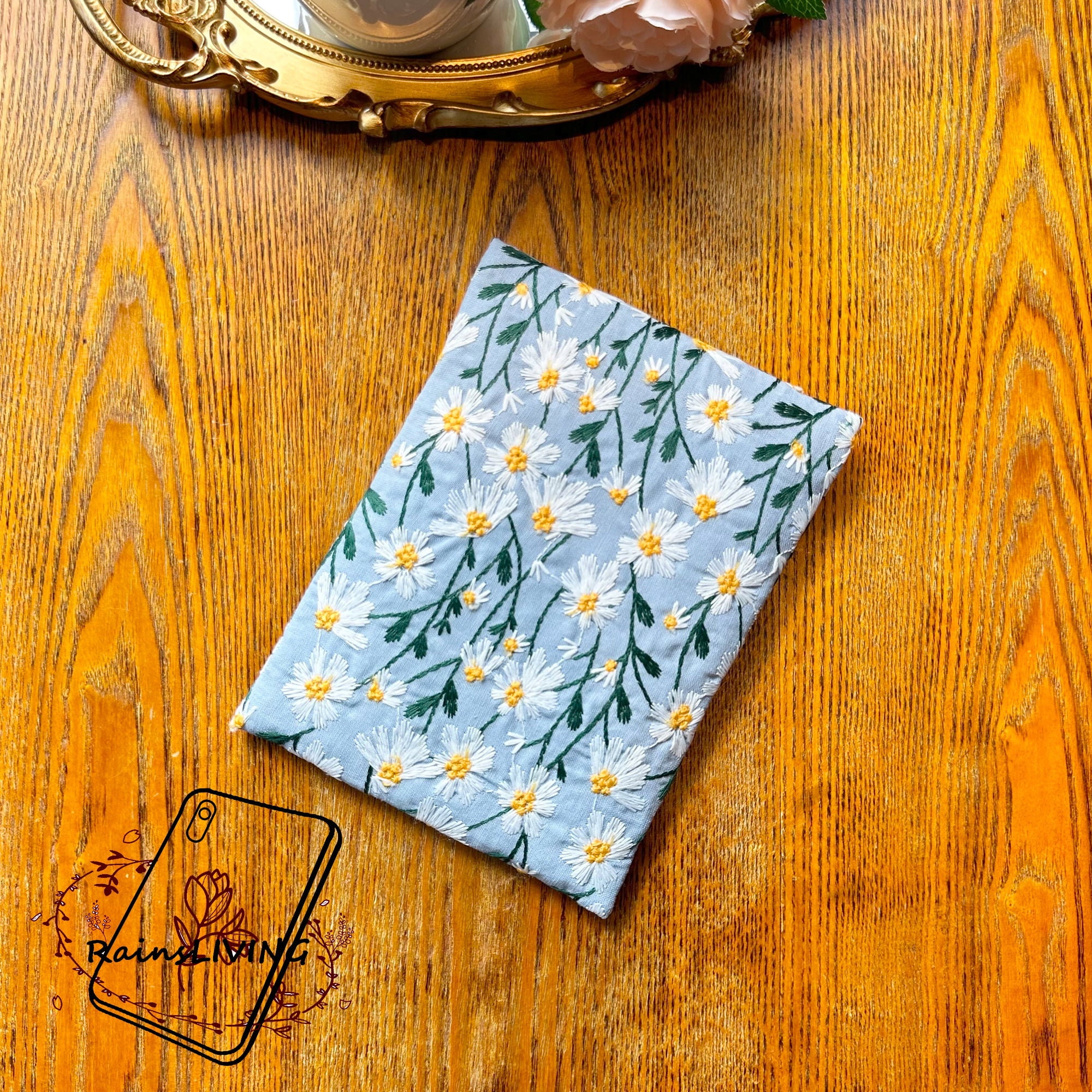 White Daisy Embroidered Flower Blue Fabric Kindle Sleeve for Kindle ...