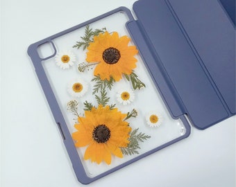 Sunflower white daisy pressed flower iPad case built-in magnetic charging pen slot,iPad Air 5 2022 iPad Pro 2022 iPad 10 2022 mini 6 case