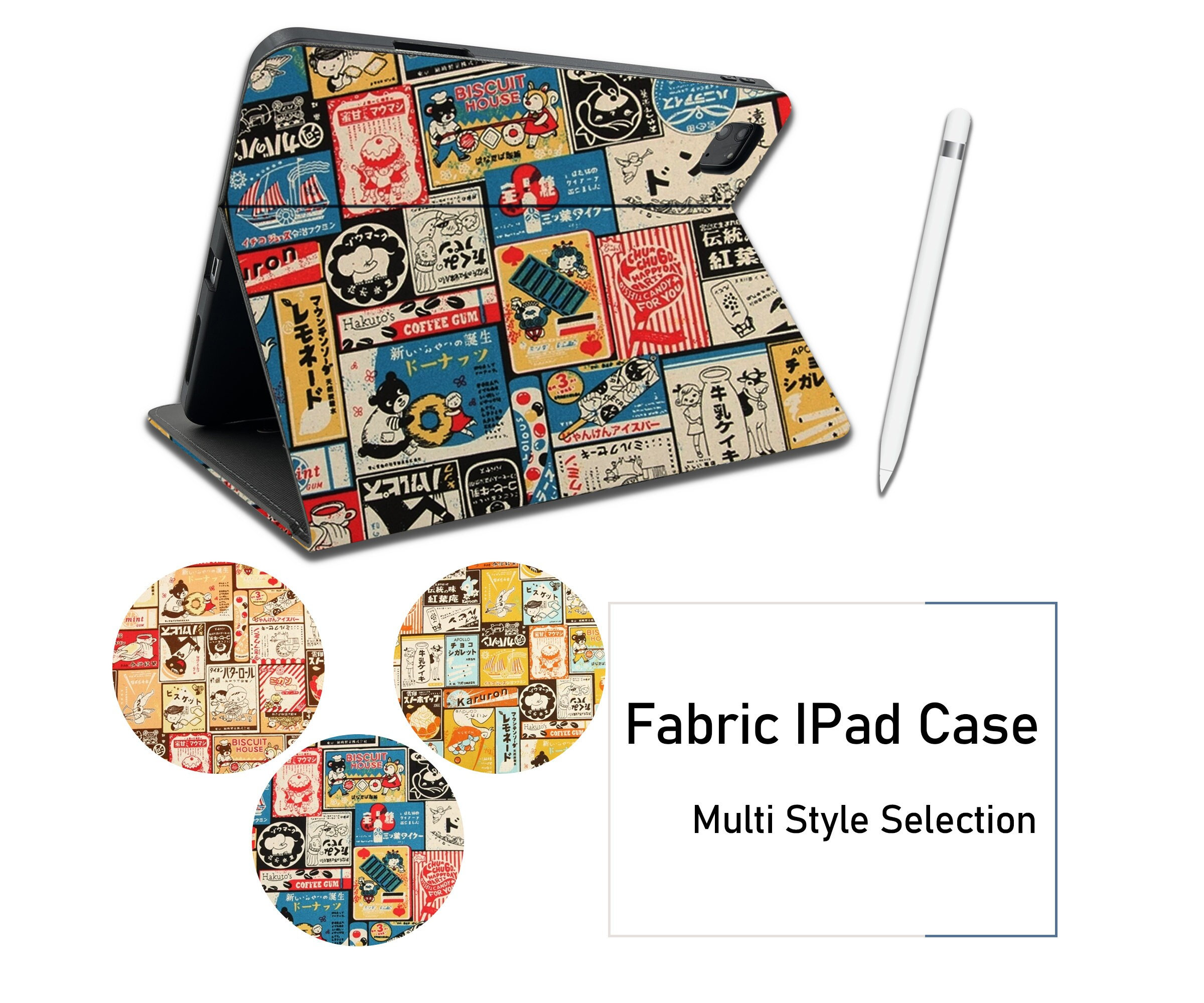 Custom Japanese Style Cartoon Fabric iPad Case Built-in Pen Slot