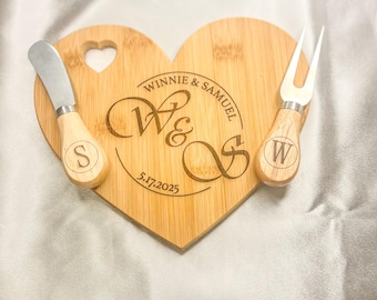 Personalized Heart Charcuterie Board Set, Engraved Bamboo Cheese Board