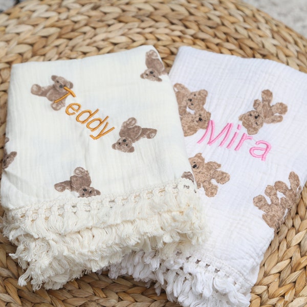 Personalised Blanket, Baby Teddy Bear Muslin, Baby Swaddle, Tassel Blanket, New Baby Gift, Baby Shower Gift, Personalised Neutral Baby Gift!