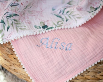 Personalised Pink Floral Baby Blanket, 100% Organic Cotton, Exclusive Floral Design, Embroidered, Baby Girl Gift, Personalised, Baby Shower!