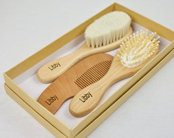 Baby/Toddler Personalised Hair Brush and Comb Set, Three Wooden Piece Set, Customised Brush, Baby Christmas Keepsake, Christmas Eve Box, UK!