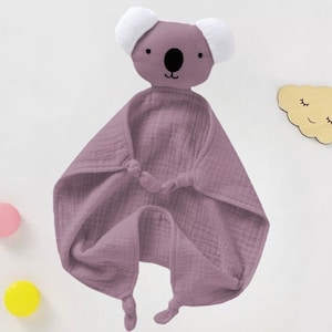 Personalised Organic Cotton Koala Comforter, Baby Security Blanket, New Baby Gift, Muslin, Embroidered Gift, Unisex, 30x30CM, 1st Birthday Mauve