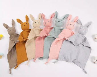 Personalised Baby Blanket, Organic Cotton Bunny Comforter, New Baby Gift, Muslin, Baby Boy Gift, Baby Girl Gift, Unisex, Comforter, 30x30CM.