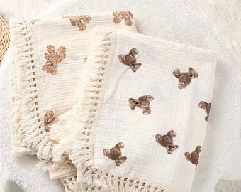 Baby Teddy Bear Muslin Blanket, Baby Swaddle, Tassel Blanket, New Baby Gift, Baby Shower Gift, Soft Newborn Blanket, Baby Boy, Baby Girl!