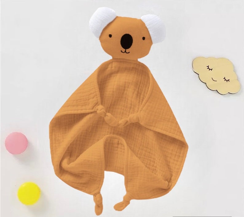 Personalised Organic Cotton Koala Comforter, Baby Security Blanket, New Baby Gift, Muslin, Embroidered Gift, Unisex, 30x30CM, 1st Birthday Mustard