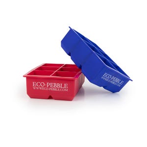May include: A red and a blue rectangular silicone ice cube tray, each featuring six square compartments. The side of each tray is embossed with the white text ECO-PEBBLE and the website address WWW.ECO-PEBBLE.COM in a clear, sans-serif font.