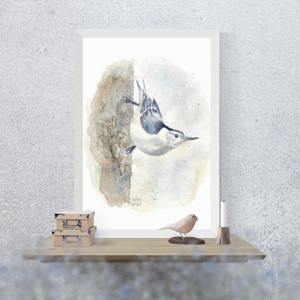 White-breasted Nuthatch - PRINT of my original Watercolor Bird Painting, nature art, songbird, home decor, wall art, gift, wildlife