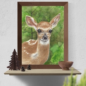 Deer Fawn in the Woods - PRINT of my original Watercolor Painting Art, woodland, wildlife, illustration, home decor, wall art, nursery