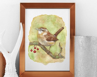 Carolina Wren - PRINT of my original Watercolor Bird Painting Art, nature, songbird, illustration, gift, home decor, wall art, wildlife