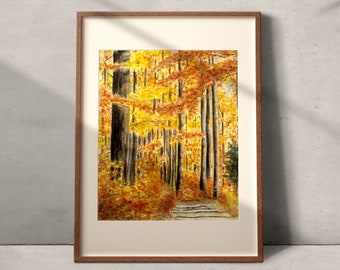 Bright Fall Woodland Path - ORIGINAL Gouache Watercolor Painting Art, nature art, illustration, landscape, shadows, autumn, forest