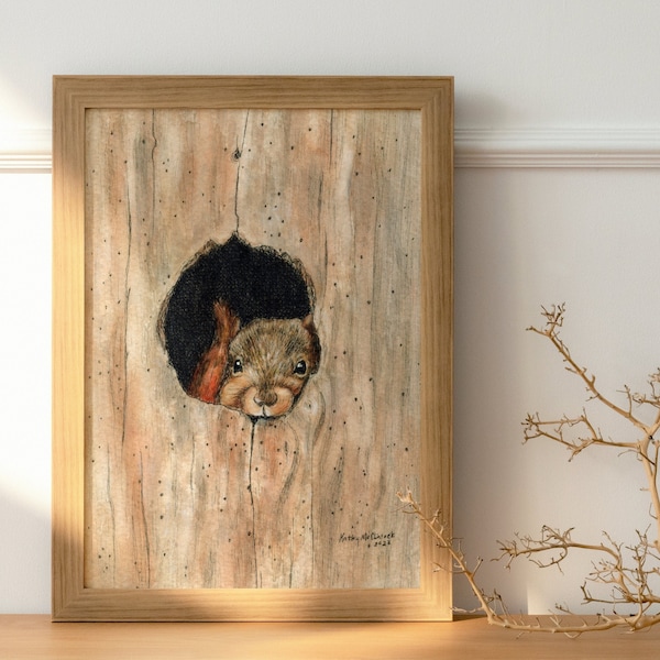 Squirrel in Tree Hole - PRINT of my original Watercolor and Ink Painting Art, nature art, wall art, wildlife, illustration, woodland, gift