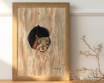 May include: A framed watercolor painting of a squirrel peeking out of a hole in a tree trunk. The squirrel has brown fur and a white belly. The tree trunk is painted in shades of brown and beige.