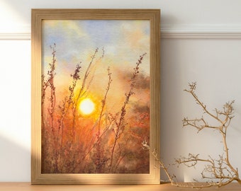 Sunrise in the Meadow - PRINT of my original Watercolor Painting, morning, nature art, botanical, landscape, home decor, gift