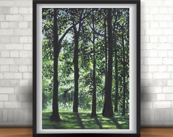 Shadows in the Trees - PRINT of my original Gouache Watercolor on Black Paper Art, nature art, wall art, illustration, landscape, woods