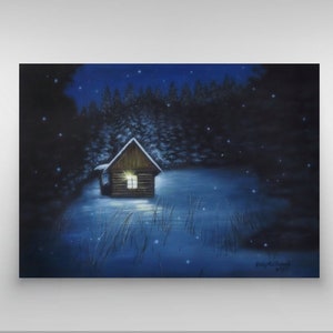 Winter Cabin Print or the Original acrylic painting on canvas board:  Snowy Woods Landscape