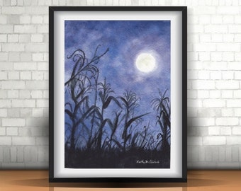 Harvest Moon  - PRINT of my original Watercolor Painting Art, sky, nature art, autumn, landscape, illustration, farm, home decor, gift, Fall