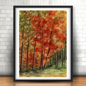 Fall Treeline Watercolor Painting Art Print: Colorful Autumn Forest