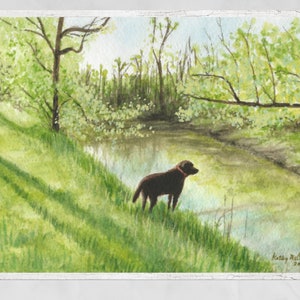 Dog at the River - PRINT of my original Watercolor Painting, river scene, woodland, illustration, nature art, home decor, wall art, gift