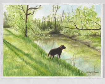 Dog at the River - PRINT of my original Watercolor Painting, river scene, woodland, illustration, nature art, home decor, wall art, gift