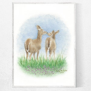 White-tailed Deer - PRINT of my original Watercolor Wildlife Painting, woodland, nature art, wildlife, landscape, illustration, gift