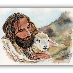 Gentle Shepherd Lamb Print: Ink and Watercolor Easter Art