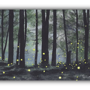 Fireflies Watercolor Painting Print: Nighttime Woods Landscape Art