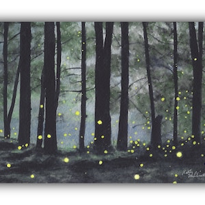 Fireflies, Lightning Bugs in Nighttime Woods - PRINT of my original Watercolor Painting, Landscape, wall art, illustration, home decor, gift