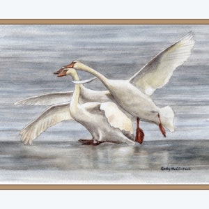 Swans on Ice Giclée Print or Original Winter Watercolor Painting