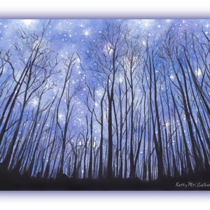 Starry Night Woods Print: Watercolor Landscape Art