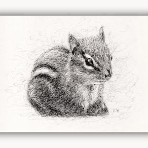May include: A black and white pencil drawing of a chipmunk with a detailed, textured style. The chipmunk is facing to the right and has a small, furry tail.