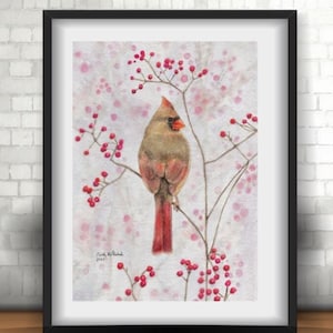 Female Cardinal Watercolor Print or Original: Bird in Winter Berries