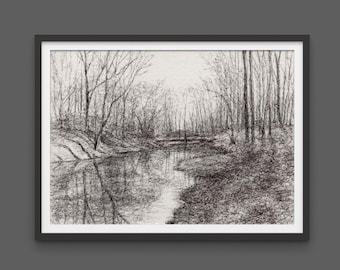 May include: A black and white pen and ink drawing of a river flowing through a forest. The trees are bare and the water is calm. The drawing is framed in a black frame.