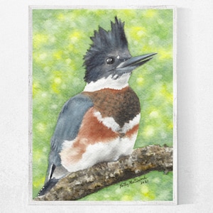 Belted Kingfisher Print: Watercolor Bird Painting, River Art