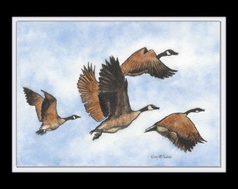Flight of the Geese - PRINT of my original Watercolor & Ink Painting Art, nature art, illustration, landscape, home decor, gift, fowl