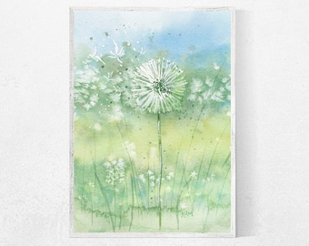 Dandelion Seeds  - PRINT of my original Painting Art, floral art, meadow, nature art, illustration, landscape, home decor