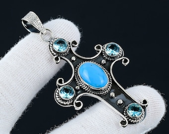 Turquesa de la bella durmiente, piedra preciosa de topacio azul hecha a mano plata de ley 925, collar de turquesa genuina, collar de turquesa, regalo para ella