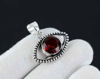 Red Garnet Eye Pendant: Handmade 925 Sterling Silver Gemstone Jewelry