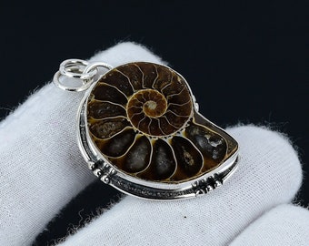 Handmade Ammonite Fossil Silver Pendant with 925 Sterling Silver Chain - Ocean Fossil Gemstone Necklace for Men - Gift for Him