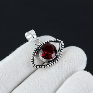 Red Garnet Eye Pendant: Handmade 925 Sterling Silver Gemstone Jewelry