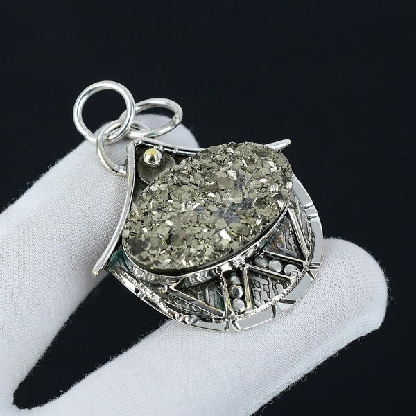 Pyrite Druzy Gemstone Handmade 925 Sterling Silver Pendant, Antique Natural Pyrite Druzy Pendant, Women's Jewelry, Unisex Pendant For Her
