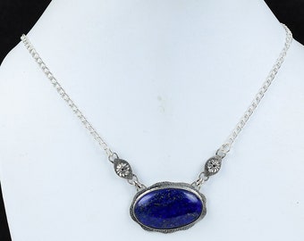 Collier Lapis lazuli et rosace sur chaine en Argent 925
