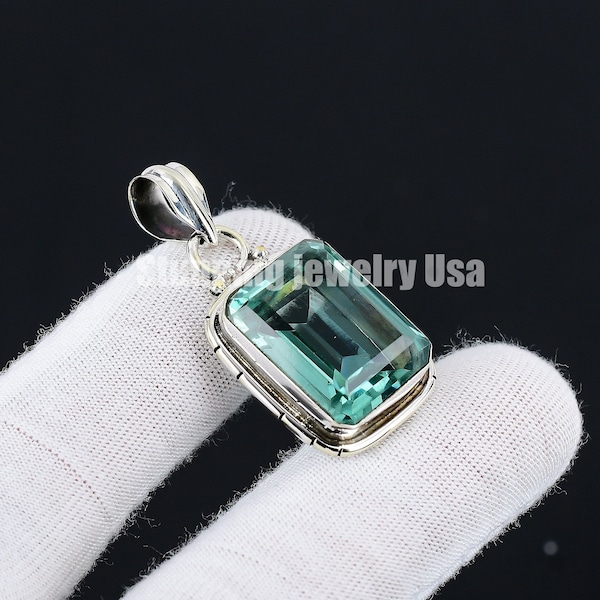 Green Apatite Pendant, Green Apatite Pendant with Silver Chain, Green Apatite Gemstone Handmade 925 Sterling Silver Jewelry Pendant For Gift