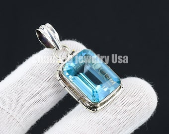Swiss Blue Topaz Pendant, Blue Topaz Pendant with Silver Chain, Blue Topaz Gemstone Handmade 925 Sterling Silver Jewelry Pendant For Gift