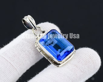 Colgante de topacio azul de Londres, colgante de topacio azul con cadena de plata, colgante de joyería de plata de ley 925 hecho a mano con piedras preciosas de topacio de Londres para regalo