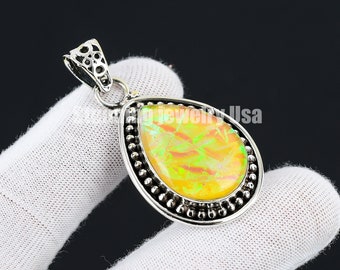 Yellow Triplet Fire Opal Pendant, Triplet Opal Pendant with Silver Chain, Gemstone Handmade 925 Sterling Silver Jewelry Pendant For Gift