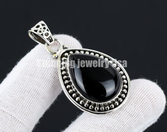 Black Onyx Pendant, 925 Sterling Solid Silver Pendant, Cut Pear Stone Pendant, Black Onyx Women Pendant, Beautiful Gemstone Pendant For Love